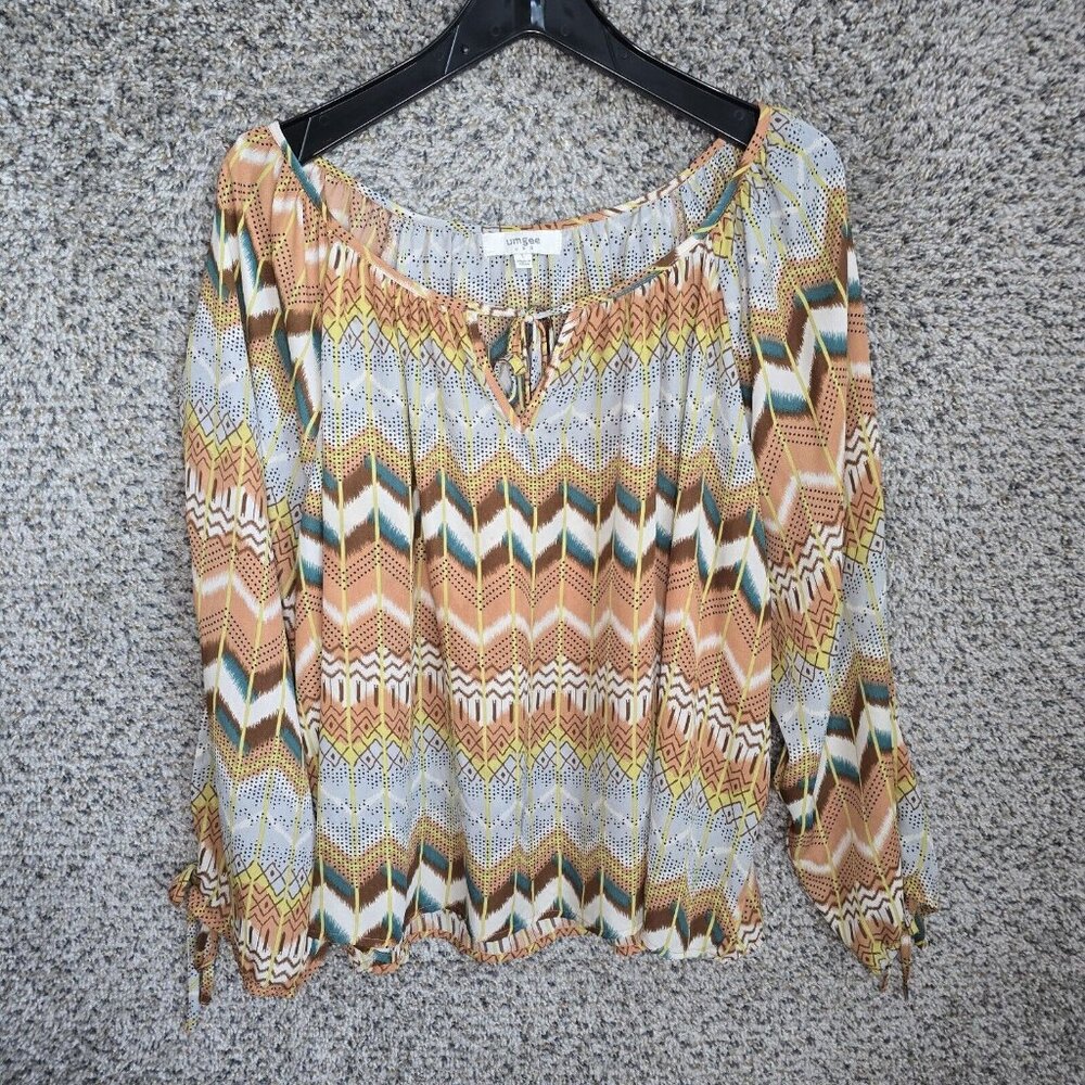 UMGEE Top Womens Large Brown Printed Sheer Neck Tie Blouse Casual‎ Ladies